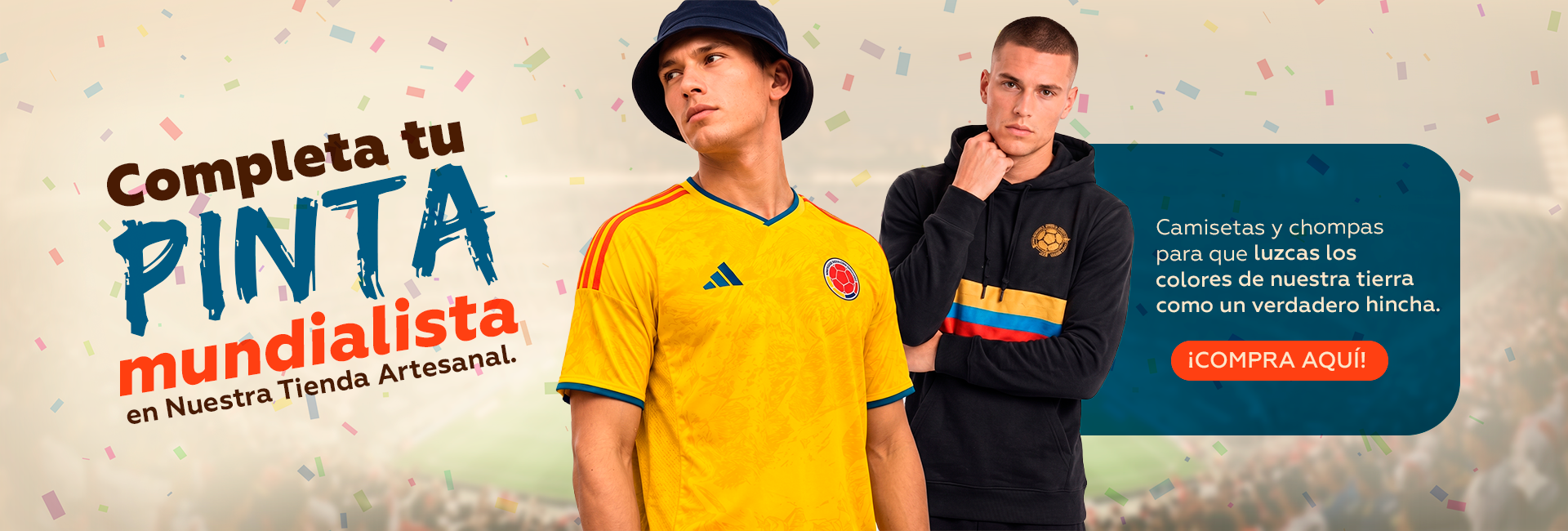Banner futbolero que promociona camisetas y chompas